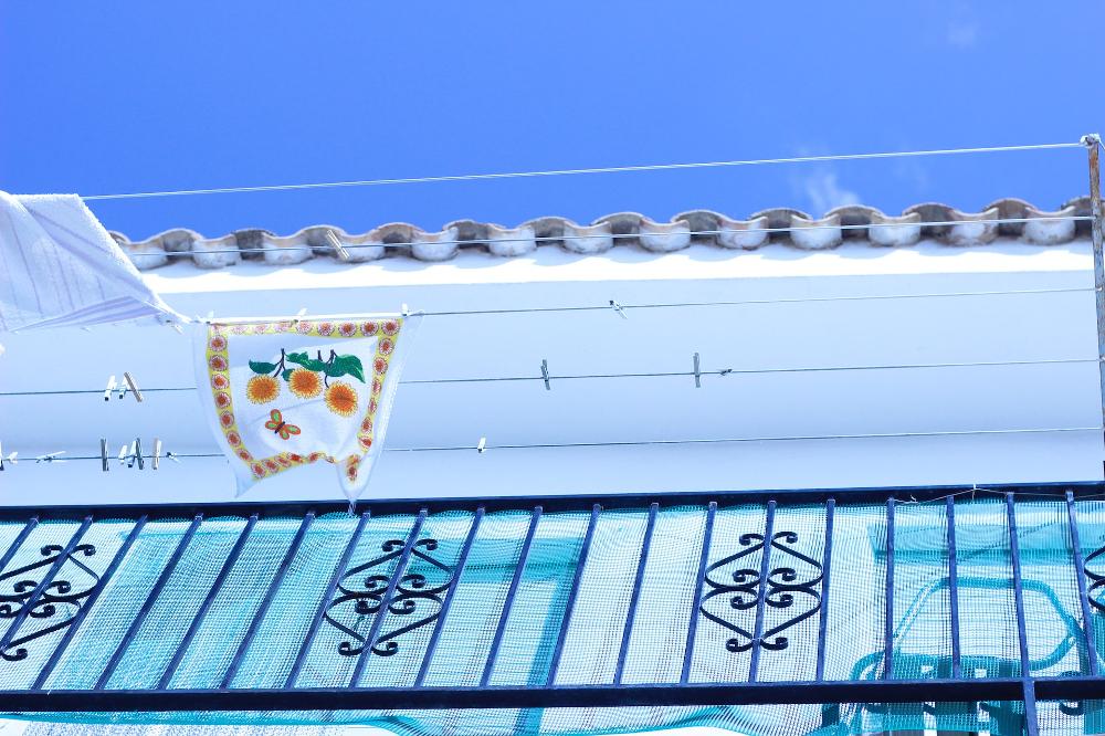 worm's-eye view of balcony of house