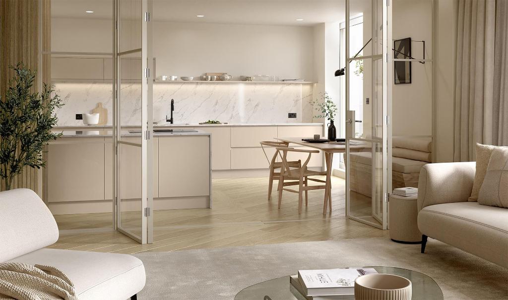 Marino Painted Alabaster Kitchen with timber framed kitchen bench seating.