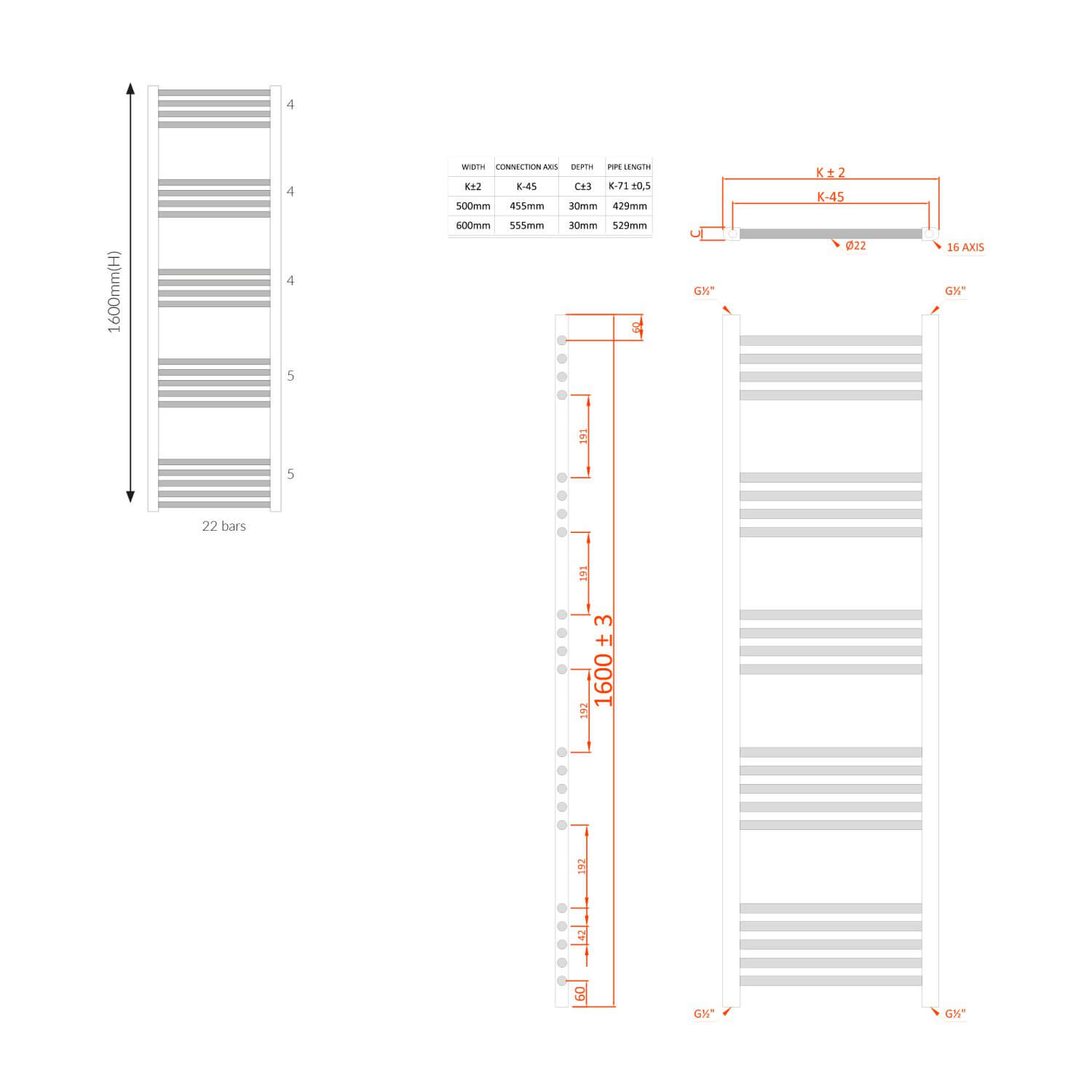 Chrome Ladder Towel Rail 600 X 1600 RAIL-006_2