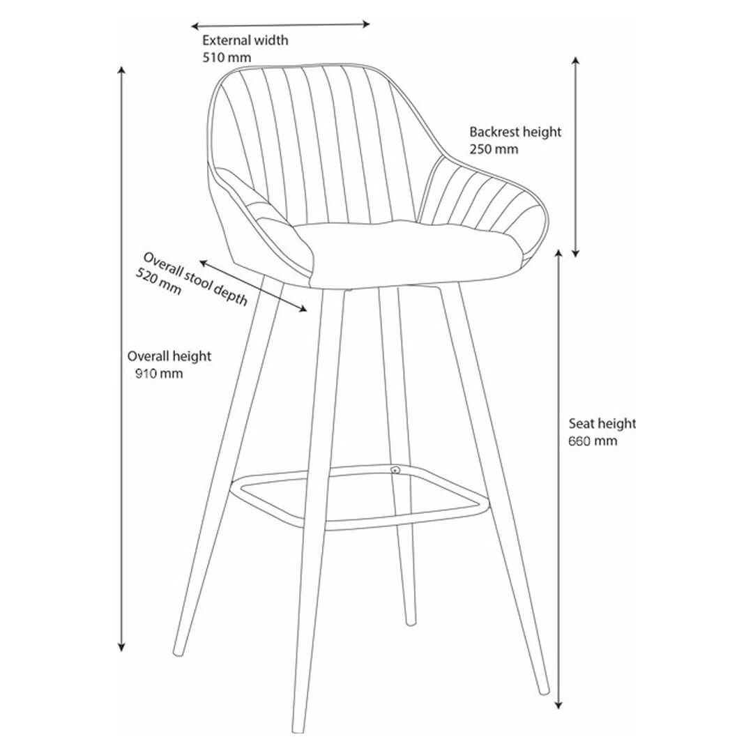 AURORA-Velluto-Velvet-Bar-Stool-Grey-Dimensions