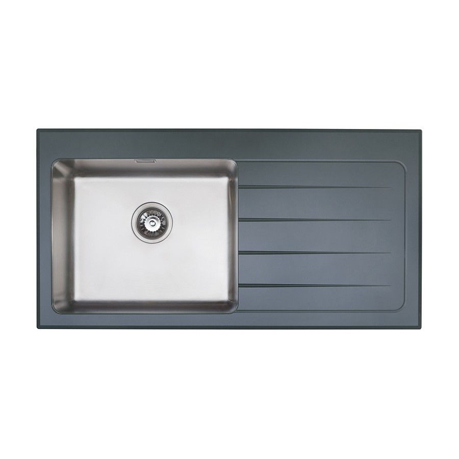 Fender 1.0 bowl Brushed Steel and Black Glass Inset Sink - RH Drainer