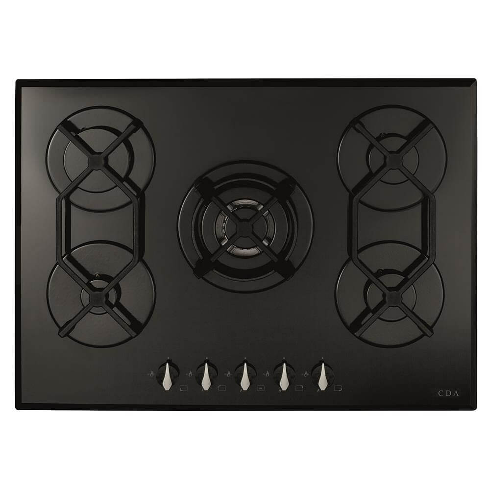 CDA HVG721BL 70cm 5 Ring Gas-on-Glass Hob, Cast Iron Supports, Black