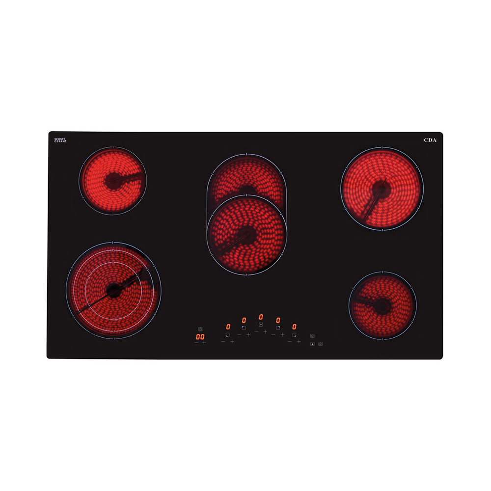 CDA HC9621FR 90cm 5 Zone Ceramic Hob, Frameless, Black Glass