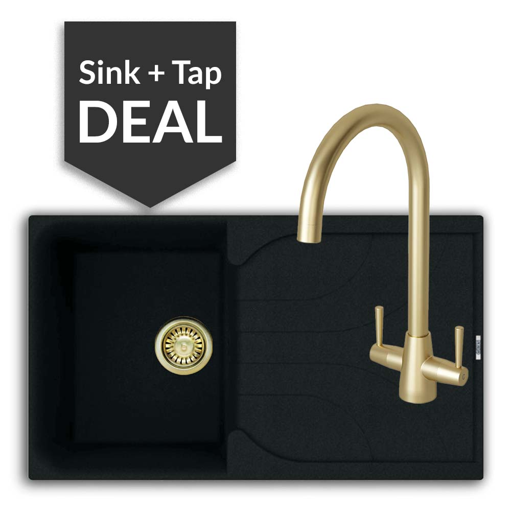 Quartz Black Small Single Bowl Sink & Cascade Brass Tap Pack