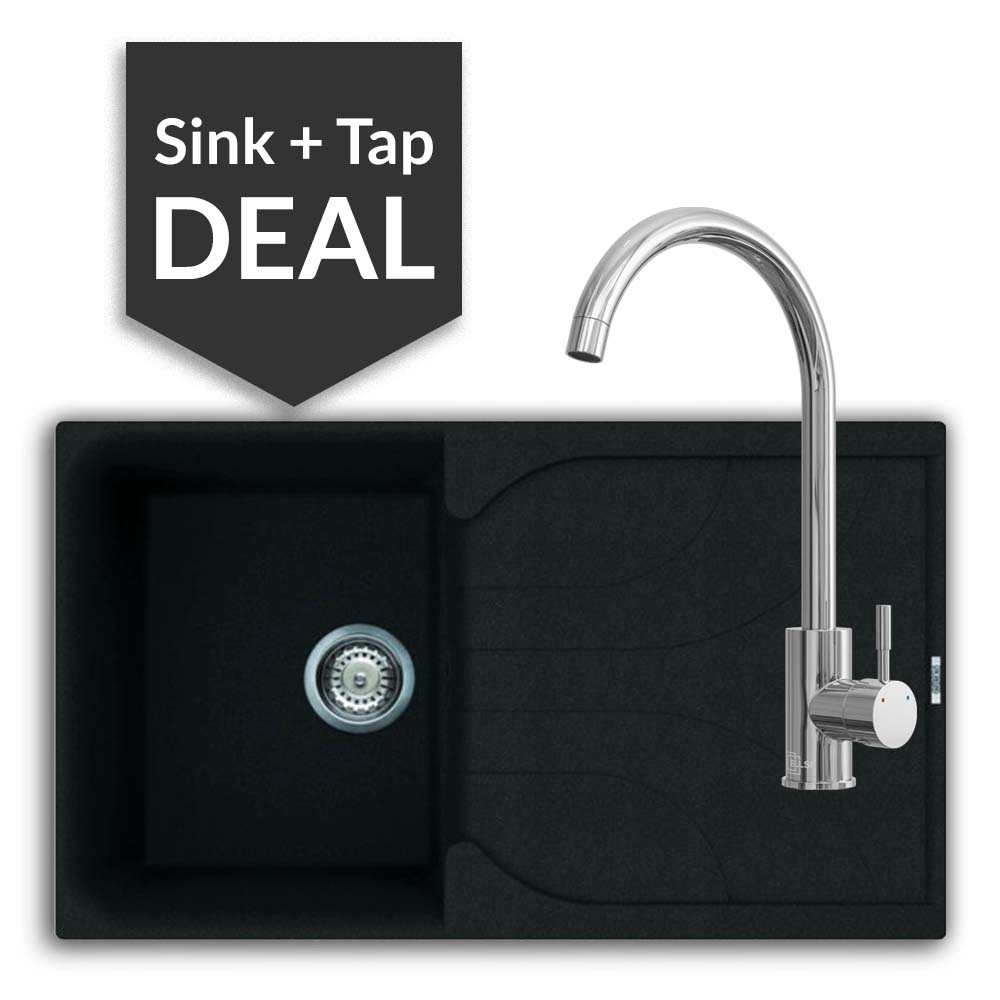 Quartz Black Small Single Bowl Sink & Varone Chrome Tap Pack