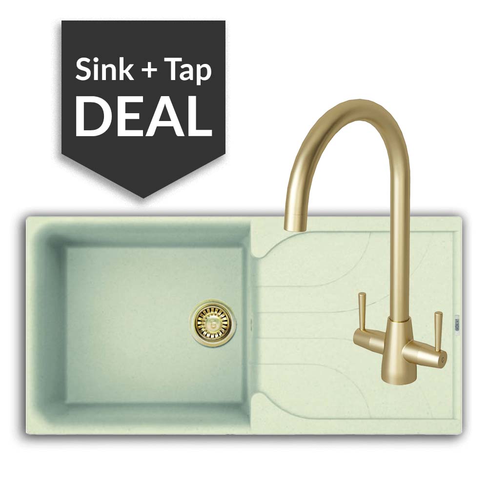 Quartz Cream Large Single Bowl Sink & Cascade Brass Tap Pack