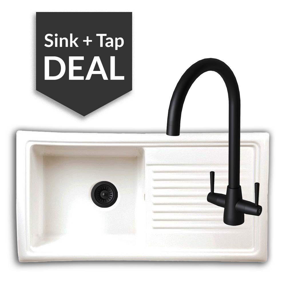 Ceramic Single Bowl Sink & Cascade Matte Black Tap Pack