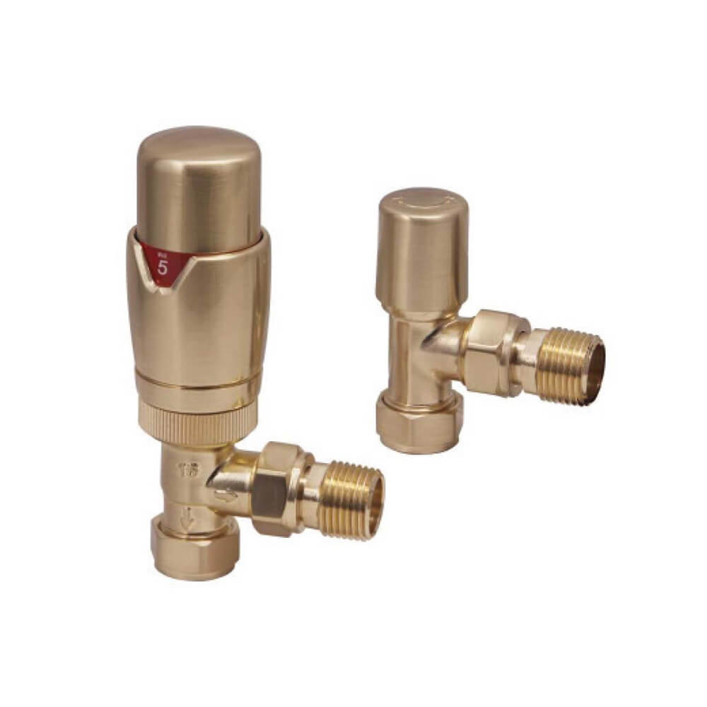 Brushed Brass Designer Radiator TRV Valves Angled (Pair)