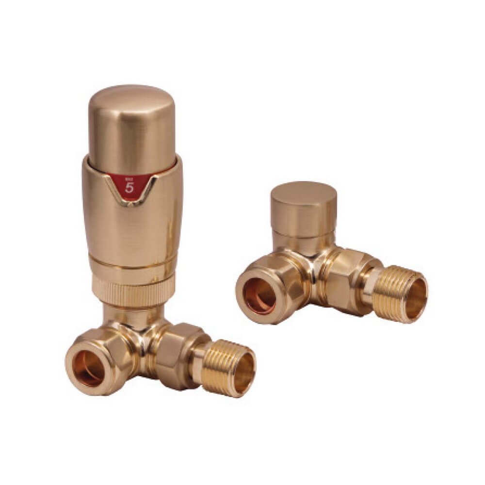 Brushed Brass Designer Radiator TRV Valves Corner (Pair)