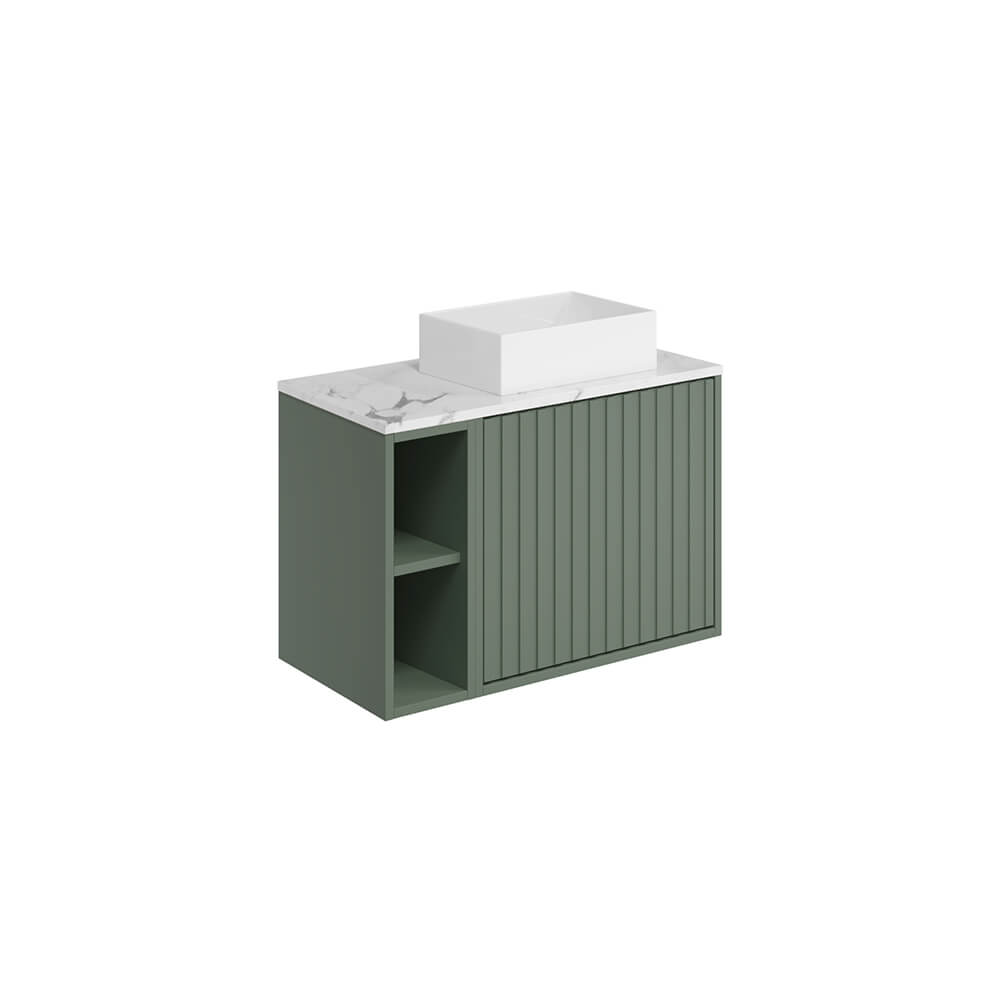 Alfie 800 Cabinet with Fluted Door, Side Storage & Counter Top Basin - Reed Green (Complete)