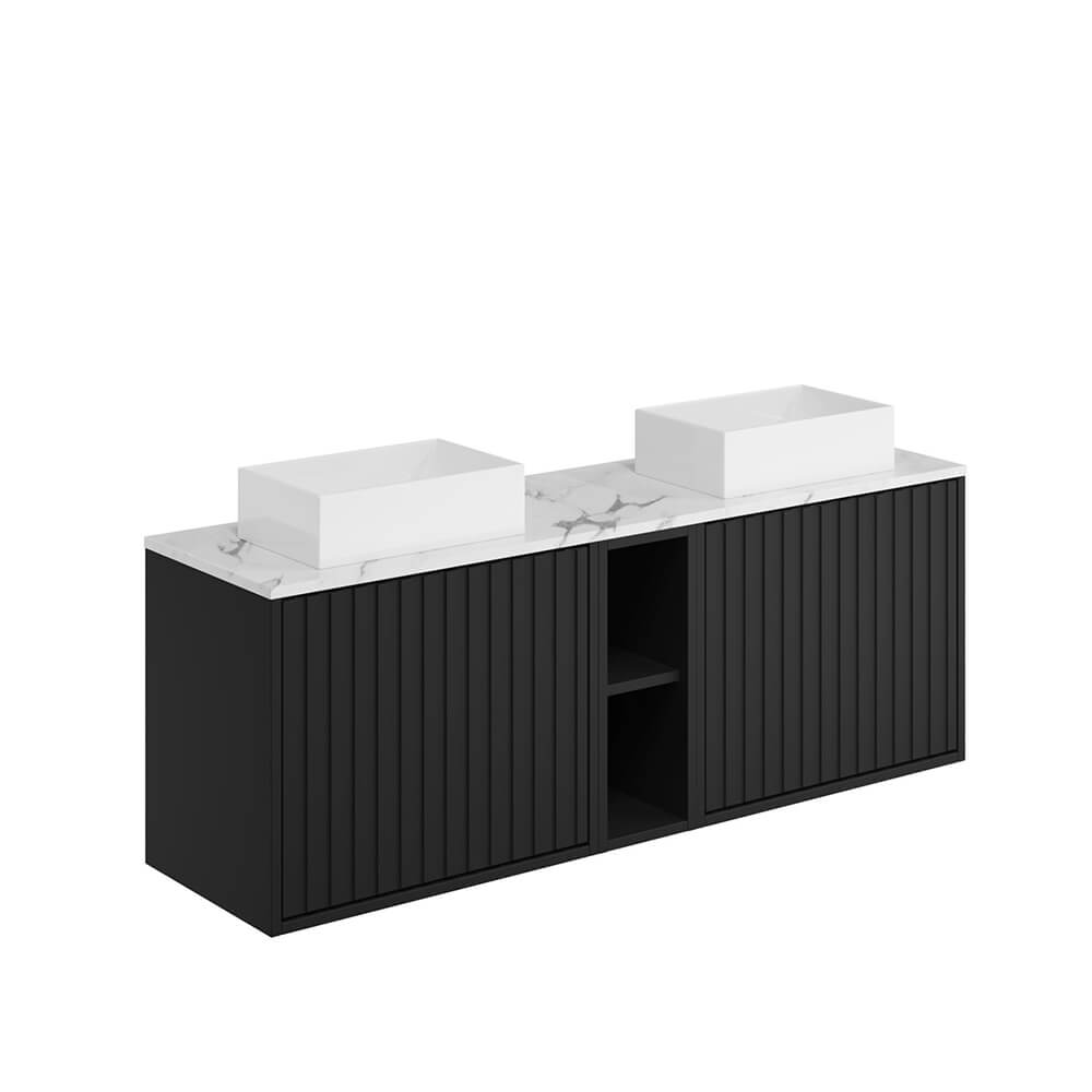Alfie 1400 Cabinet with Fluted Door, Side Storage & Counter Top Basin - Matte Black (Complete)