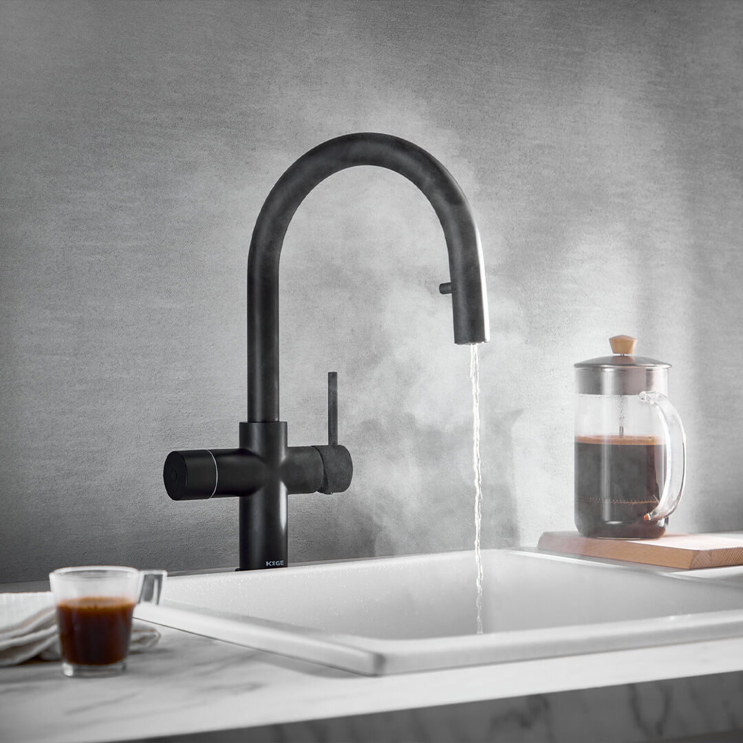 Stock - KoGE 4-in-1 Swan Spout Boiling Hot Water Tap with Pull Out Hose | Matt Black